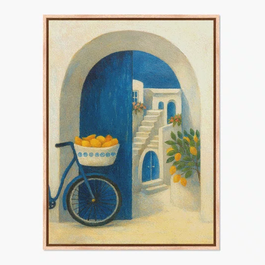 Quadro Em Tela Canvas Portal Azul: Bicicleta com Limões em Contraste com a Escadaria Branca