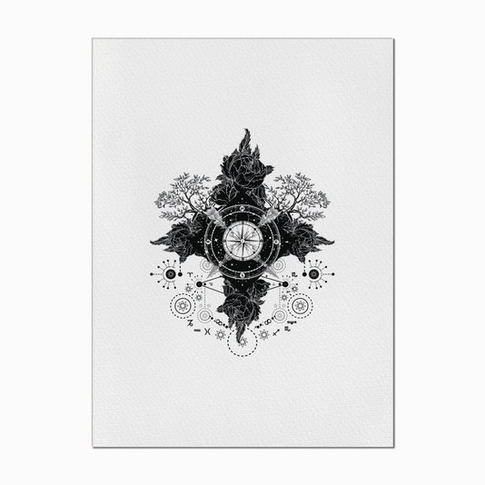 Quadro em Tela Canvas Bússola Rosa do Ventos com Flores