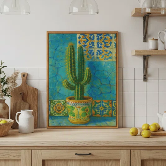 Quadro Em Tela Canvas Cacto Ornamental em Vaso Maiólica Contra Parede de Azulejos Azul-Turquesa