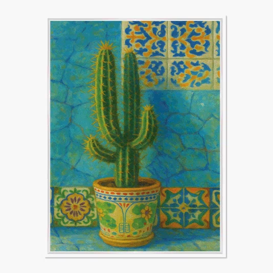 Quadro Em Tela Canvas Cacto Ornamental em Vaso Maiólica Contra Parede de Azulejos Azul-Turquesa