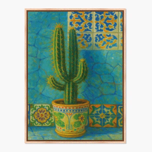 Quadro Em Tela Canvas Cacto Ornamental em Vaso Maiólica Contra Parede de Azulejos Azul-Turquesa
