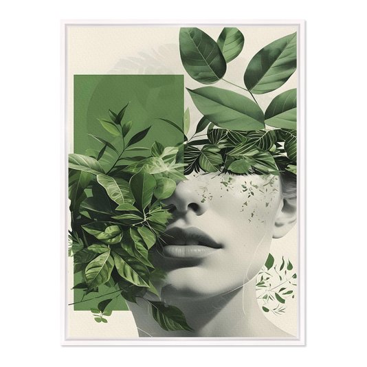 Quadro em Tela Canvas Colagem Abstrata Verde Rosto Com Folhas