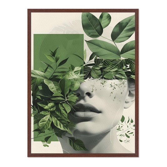 Quadro em Tela Canvas Colagem Abstrata Verde Rosto Com Folhas