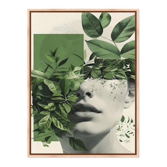Quadro em Tela Canvas Colagem Abstrata Verde Rosto Com Folhas