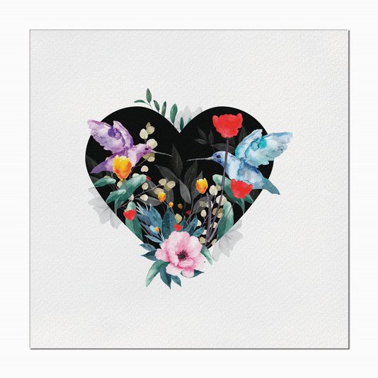 Quadro em Tela Canvas Coração com Folhas e Pássaros