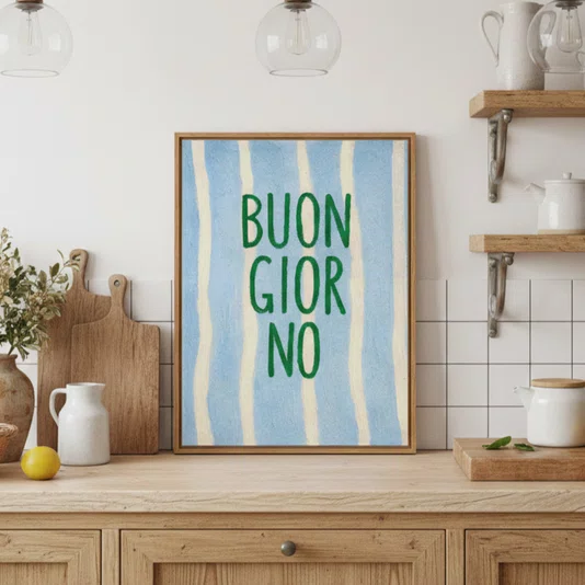 Quadro Em Tela Canvas Estilo Pintura Mid Century "Buon Giorno" em Verde, em Fundo de Padrão Listrado Azul Claro e Creme