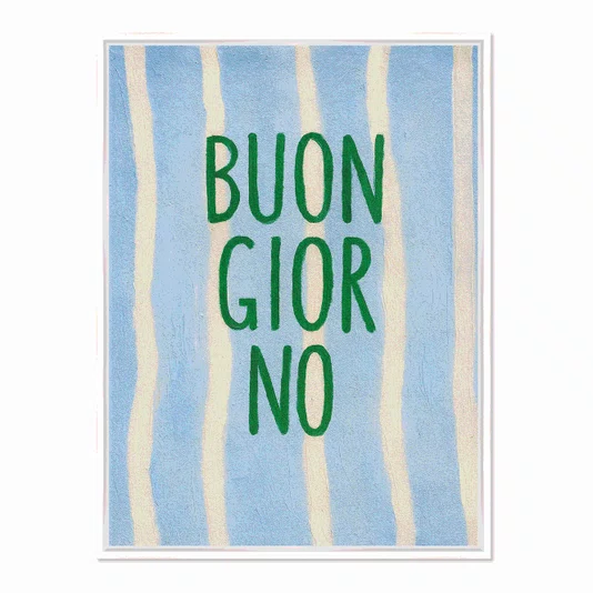 Quadro Em Tela Canvas Estilo Pintura Mid Century "Buon Giorno" em Verde, em Fundo de Padrão Listrado Azul Claro e Creme
