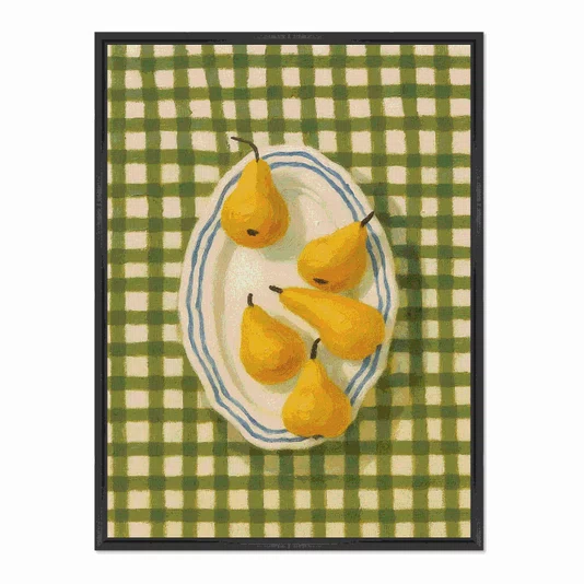 Quadro Em Tela Canvas Estilo Pintura Mid Century Composição de Cinco Pêras Amarelas em Prato Listrado sobre Toalha Xadr