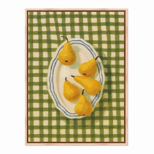 Quadro Em Tela Canvas Estilo Pintura Mid Century Composição de Cinco Pêras Amarelas em Prato Listrado sobre Toalha Xadr