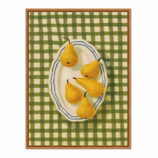 Quadro Em Tela Canvas Estilo Pintura Mid Century Composição de Cinco Pêras Amarelas em Prato Listrado sobre Toalha Xadr