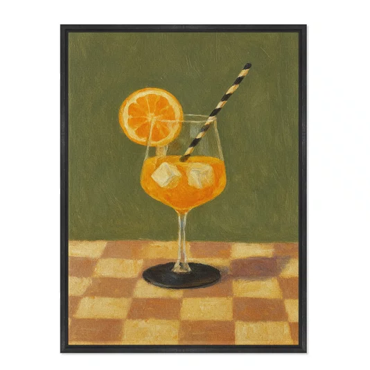 Quadro Em Tela Canvas Estilo Pintura Mid Century Composição de Coquetel Aperol Spritz Guarnecido sobre Toalha Xadrez