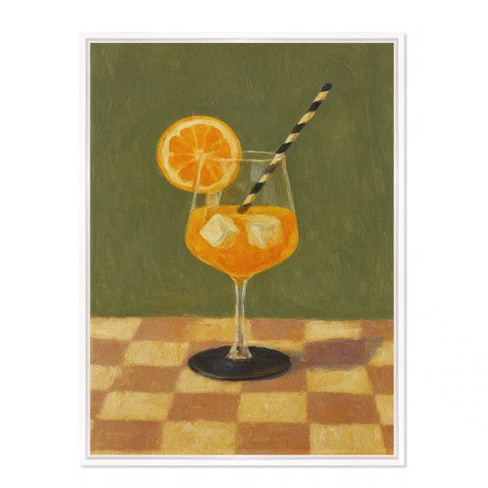 Quadro Em Tela Canvas Estilo Pintura Mid Century Composição de Coquetel Aperol Spritz Guarnecido sobre Toalha Xadrez