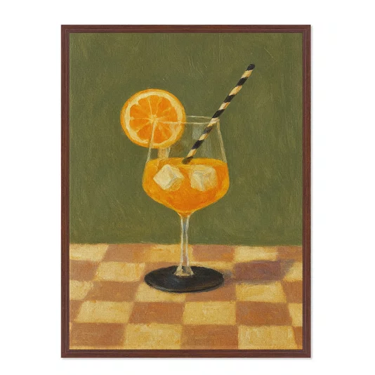 Quadro Em Tela Canvas Estilo Pintura Mid Century Composição de Coquetel Aperol Spritz Guarnecido sobre Toalha Xadrez