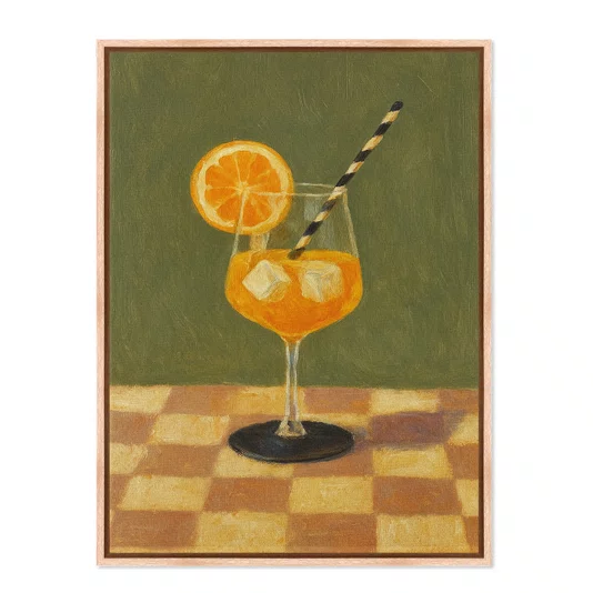 Quadro Em Tela Canvas Estilo Pintura Mid Century Composição de Coquetel Aperol Spritz Guarnecido sobre Toalha Xadrez