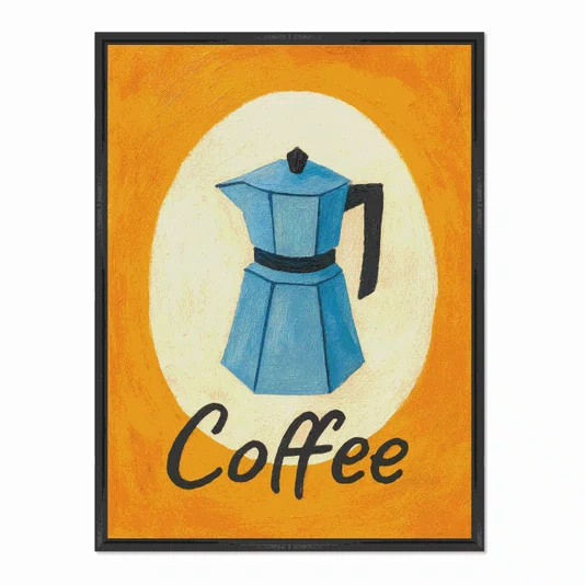 Quadro Em Tela Canvas Estilo Pintura Mid Century/Retrô Moka Italiana Azul em Círculo Creme com Fundo Laranja Vibrante