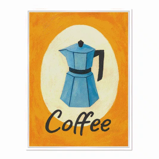 Quadro Em Tela Canvas Estilo Pintura Mid Century/Retrô Moka Italiana Azul em Círculo Creme com Fundo Laranja Vibrante