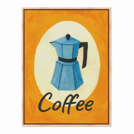 Quadro Em Tela Canvas Estilo Pintura Mid Century/Retrô Moka Italiana Azul em Círculo Creme com Fundo Laranja Vibrante