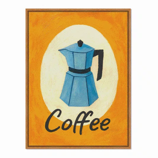 Quadro Em Tela Canvas Estilo Pintura Mid Century/Retrô Moka Italiana Azul em Círculo Creme com Fundo Laranja Vibrante
