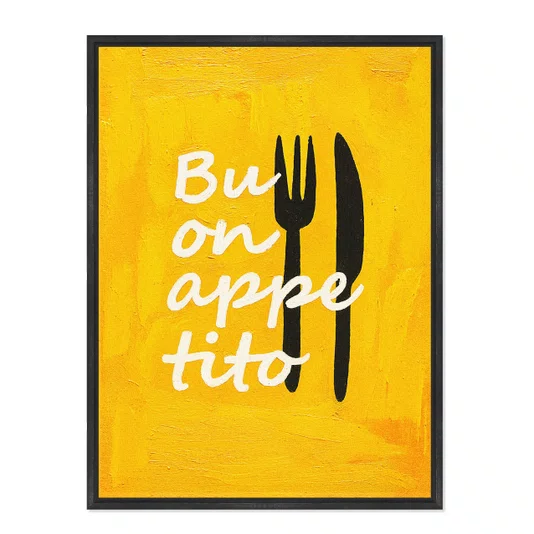 Quadro Em Tela Canvas Estilo Pintura Folk Moderno/Pop "Buon Appetito" sobre Fundo Amarelo, com Silhuetas de Talheres