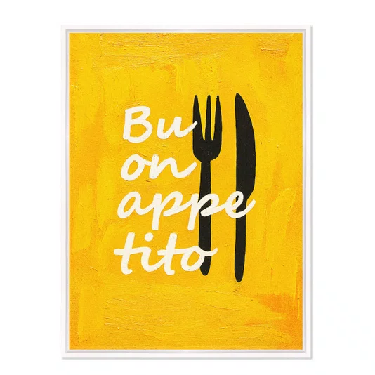 Quadro Em Tela Canvas Estilo Pintura Folk Moderno/Pop "Buon Appetito" sobre Fundo Amarelo, com Silhuetas de Talheres