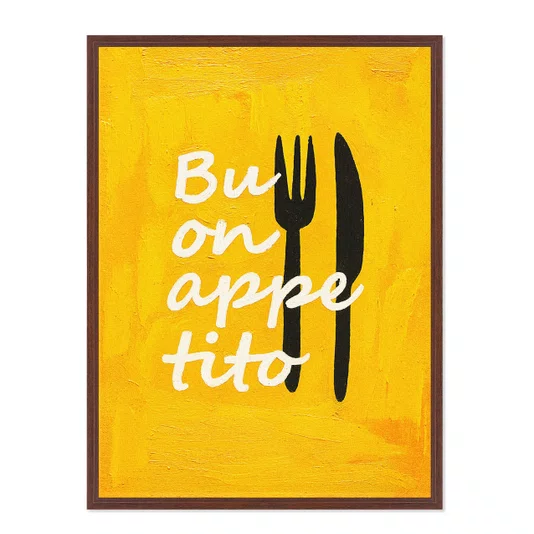 Quadro Em Tela Canvas Estilo Pintura Folk Moderno/Pop "Buon Appetito" sobre Fundo Amarelo, com Silhuetas de Talheres