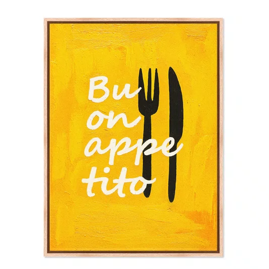 Quadro Em Tela Canvas Estilo Pintura Folk Moderno/Pop "Buon Appetito" sobre Fundo Amarelo, com Silhuetas de Talheres