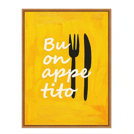 Quadro Em Tela Canvas Estilo Pintura Folk Moderno/Pop "Buon Appetito" sobre Fundo Amarelo, com Silhuetas de Talheres