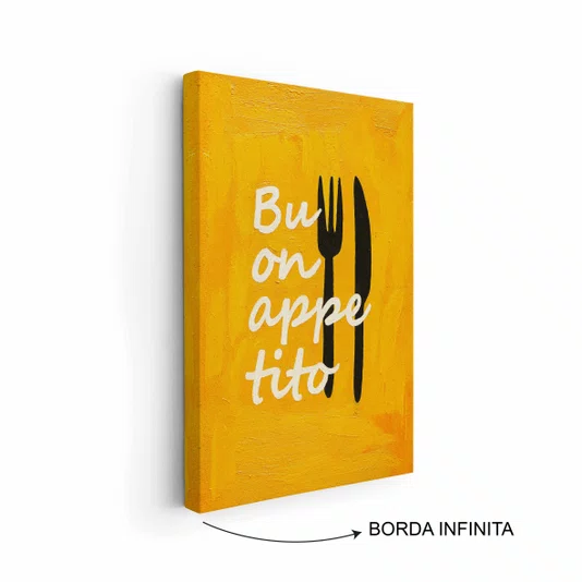 Quadro Em Tela Canvas Estilo Pintura Folk Moderno/Pop "Buon Appetito" sobre Fundo Amarelo, com Silhuetas de Talheres