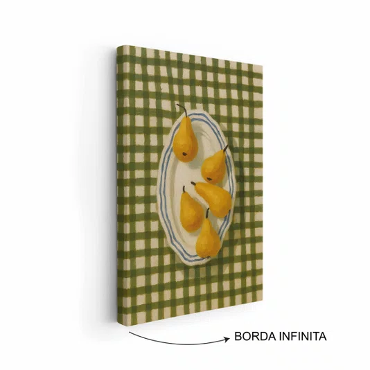 Quadro Em Tela Canvas Estilo Pintura Mid Century Composição de Cinco Pêras Amarelas em Prato Listrado sobre Toalha Xadr