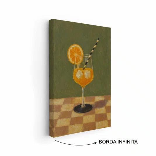 Quadro Em Tela Canvas Estilo Pintura Mid Century Composição de Coquetel Aperol Spritz Guarnecido sobre Toalha Xadrez