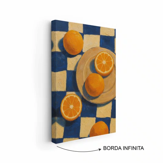 Quadro Em Tela Canvas Estilo Pintura Mid Century Composição de Laranjas no Prato e sobre o Fundo Xadrez Azul