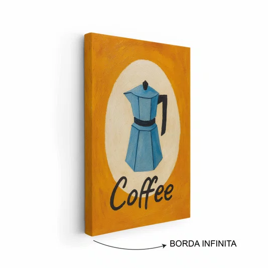 Quadro Em Tela Canvas Estilo Pintura Mid Century/Retrô Moka Italiana Azul em Círculo Creme com Fundo Laranja Vibrante