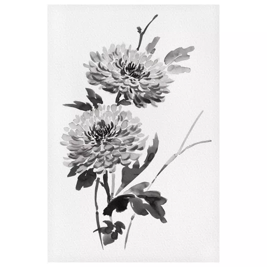 Quadro em Tela Canvas Kiku Pintura de Flor Ornamental Crisântemo no Estilo Sumiê