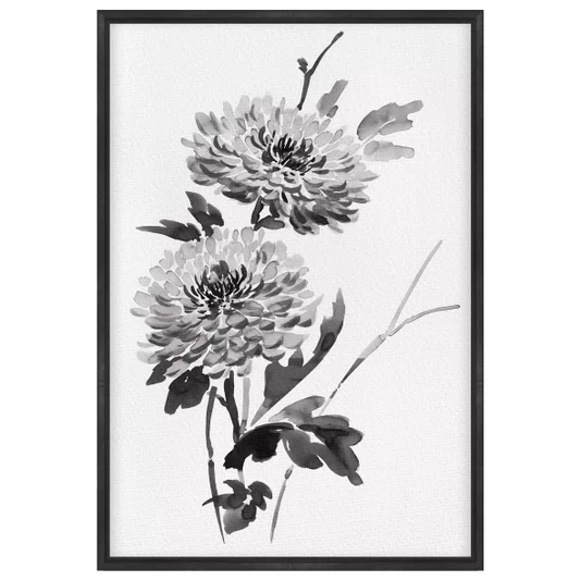 Quadro em Tela Canvas Kiku Pintura de Flor Ornamental Crisântemo no Estilo Sumiê