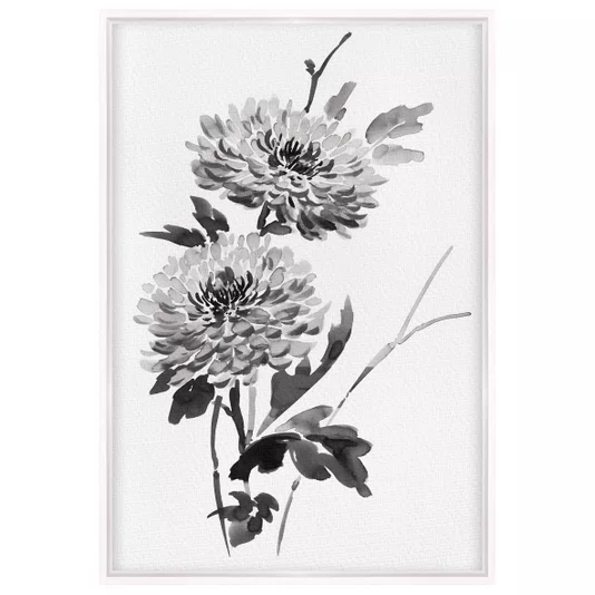 Quadro em Tela Canvas Kiku Pintura de Flor Ornamental Crisântemo no Estilo Sumiê