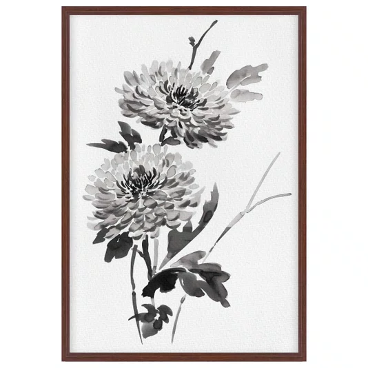 Quadro em Tela Canvas Kiku Pintura de Flor Ornamental Crisântemo no Estilo Sumiê