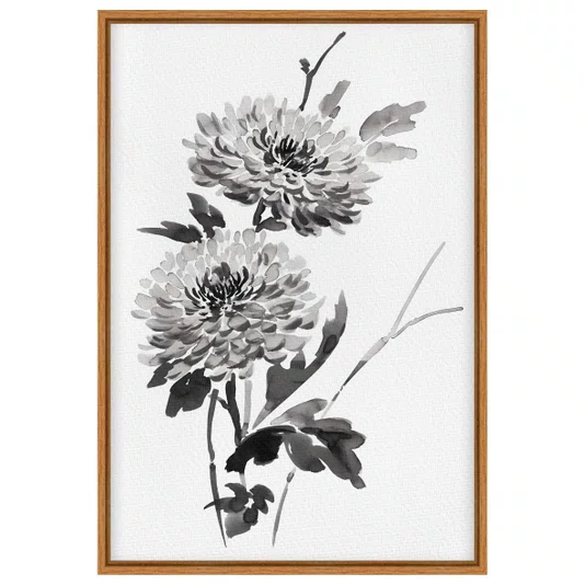 Quadro em Tela Canvas Kiku Pintura de Flor Ornamental Crisântemo no Estilo Sumiê