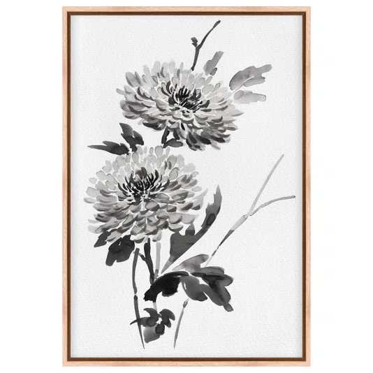 Quadro em Tela Canvas Kiku Pintura de Flor Ornamental Crisântemo no Estilo Sumiê