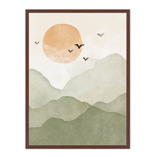 Quadro Em Tela Canvas Montanhas Com Sol E Pássaros Aquarela Estilo Japandi