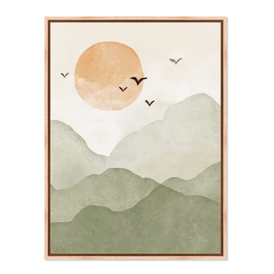 Quadro Em Tela Canvas Montanhas Com Sol E Pássaros Aquarela Estilo Japandi