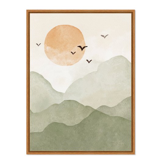 Quadro Em Tela Canvas Montanhas Com Sol E Pássaros Aquarela Estilo Japandi