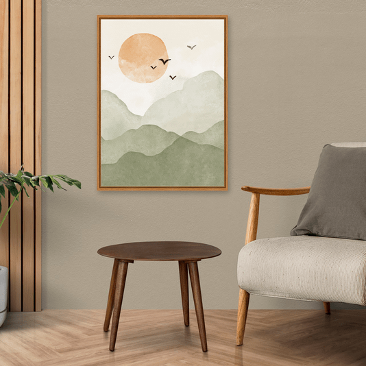 Quadro Em Tela Canvas Montanhas Com Sol E Pássaros Aquarela Estilo Japandi