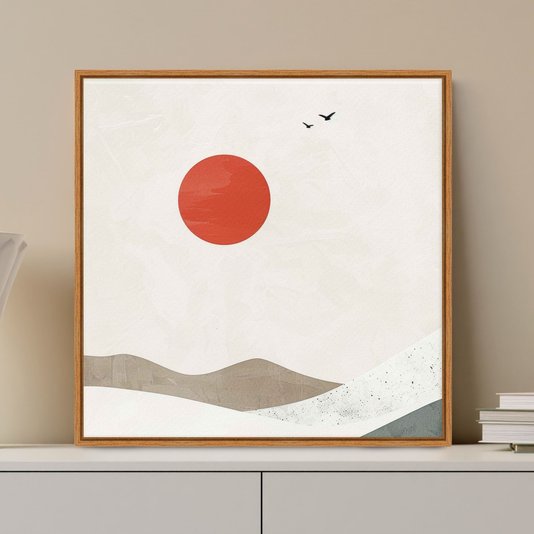 Quadro Em Tela Canvas Montanhas Com Sol Vermelho Estilo Japandi