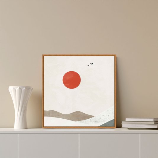 Quadro Em Tela Canvas Montanhas Com Sol Vermelho Estilo Japandi