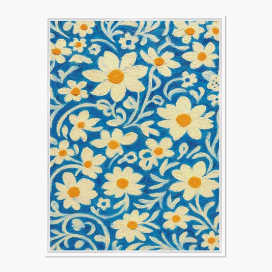 Quadro Em Tela Canvas Padrão Floral Estilizado: Margaridas Brancas e Amarelas em Fundo de Arabescos Azul-Cobalto