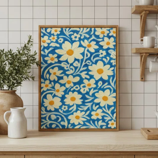 Quadro Em Tela Canvas Padrão Floral Estilizado: Margaridas Brancas e Amarelas em Fundo de Arabescos Azul-Cobalto