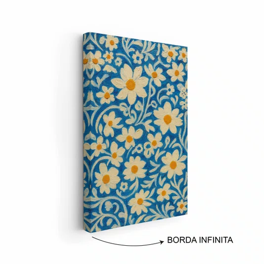 Quadro Em Tela Canvas Padrão Floral Estilizado: Margaridas Brancas e Amarelas em Fundo de Arabescos Azul-Cobalto
