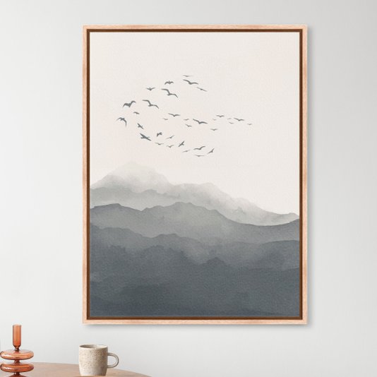 Quadro Em Tela Canvas Paisagem Aquarela Pássaros Nas Montanhas Estilo Japandi