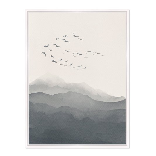 Quadro Em Tela Canvas Paisagem Aquarela Pássaros Nas Montanhas Estilo Japandi