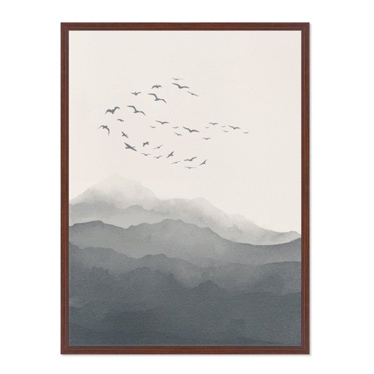 Quadro Em Tela Canvas Paisagem Aquarela Pássaros Nas Montanhas Estilo Japandi